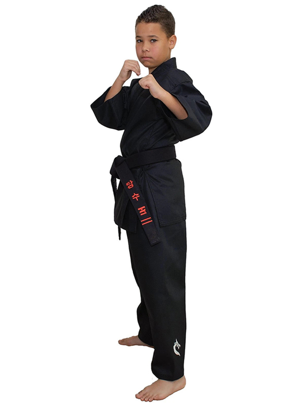 Tatsu Dragon 3/160 Karate Uniform with Gold Dragon Print, Black