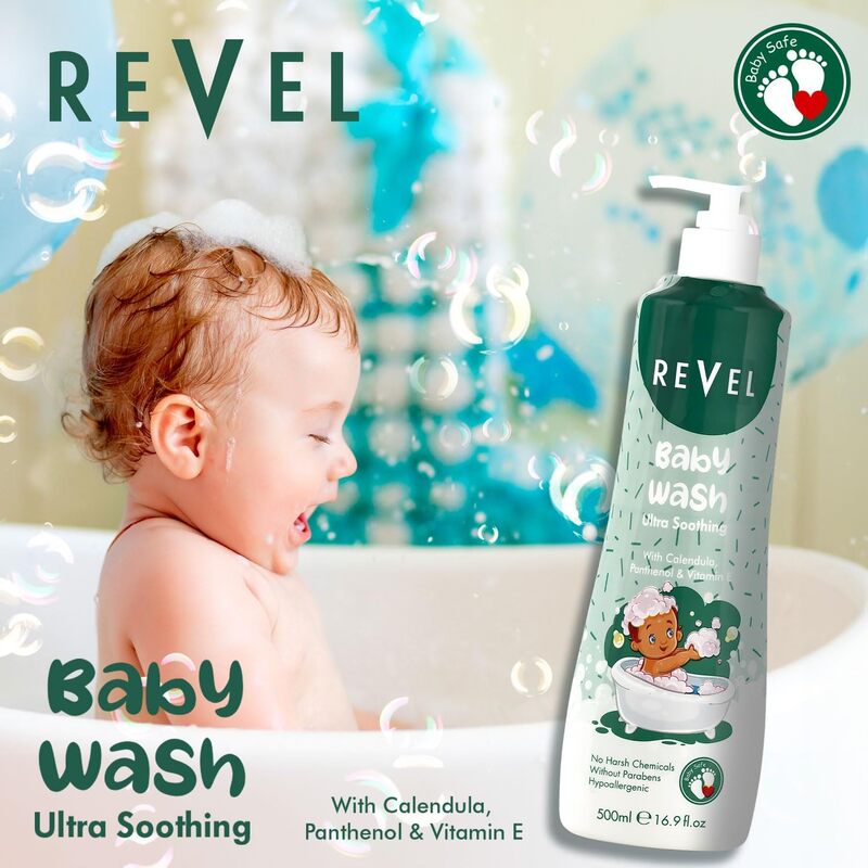 Revel Baby Wash Ultra Soothing 500ml, Chamomile, Panthenol, Vitamin E, Shampoo Kids, Parabens Free, Hypoallergenic, No Harsh Chemicals, Baby Care, Daily Use