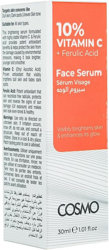 Cosmo 10% Vitamin C + Ferulic Acid Visibly Brightens Skin & Enhances Its Glow Face Serum 30ml, For Men & Women, Skins Care, Dull Skin, Dark Spot, Uneven Skin Tone, All Skin Types