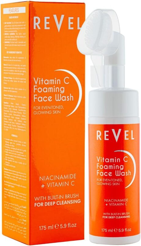 Revel Beauty Skin Care Vitamin C Foaming Face Wash 175ml,For Even-Toned Glowing Skin, Built In Brush, Deep Cleansing, Niacinamide + Vitamin C, Washes