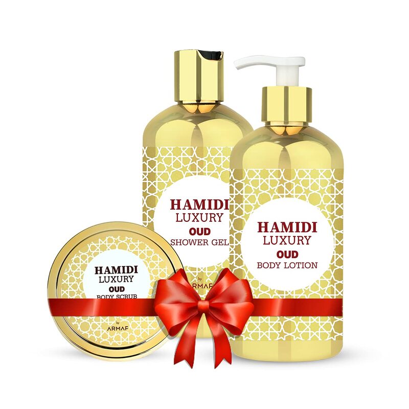Hamidi Luxury Non-Alcoholic Oud 3 Pieces Gift Set, 250ML Oud Body Scrub + 500ML Oud Body Lotion + 500ML Oud Shower Gel