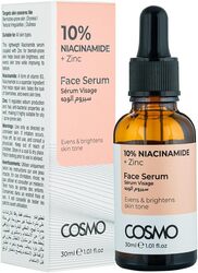 Cosmo 10% Niacinamide + Zinc Evens & Brightens Skin Tone Face Serum 30ml, For Men & Women, Skins Care, Blemishes Prone Skin, Dryness, Textural Irregularities, Dullness, All Skin Types
