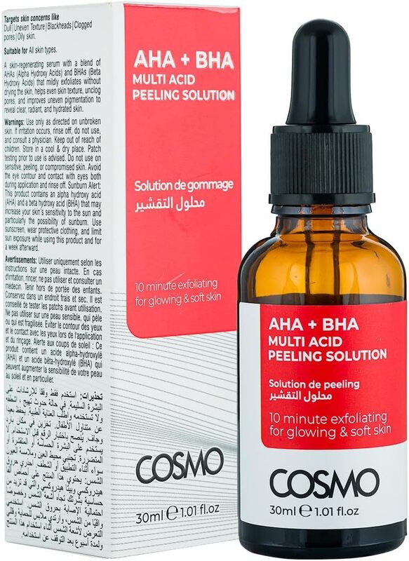 Cosmo AHA + BHA Multi Acid Peeling Solution For Glowing & Soft Skin 30ml; For Men & Women; Face Serum; Skins Care; 10 Minutes Exfoliating; Smooth Texture; Pore Cleansing; Oily Skin; Facial; Beauty