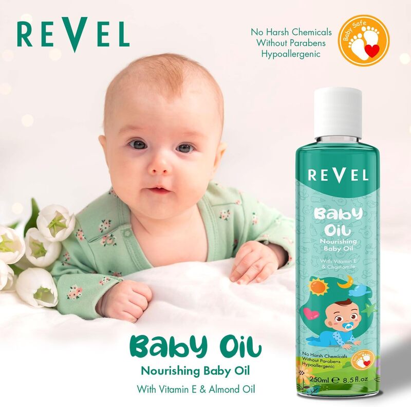 Revel Nourishing Baby Oil With Vitamin E, Chamomile 250ml, Paraben Free, Hypo Allergenic, No Harsh Chemicals, Daily Care, Moisturising, Skin Care