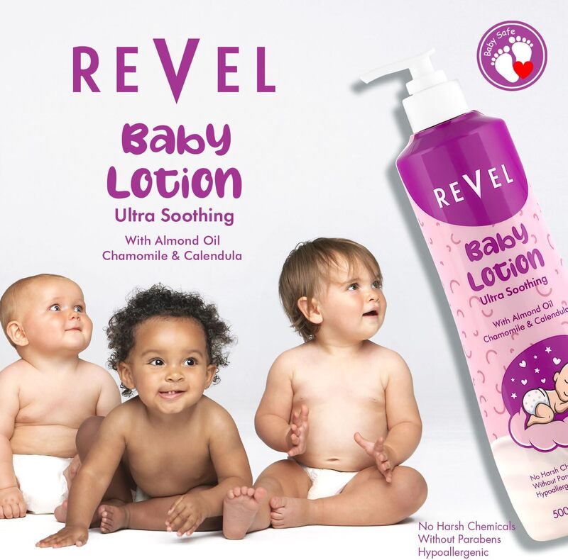 Revel Baby Lotion Ultra Soothing With Almond Oil, Chamomile & Calendula 500ml, Parabens Free, Hypo Allergenic, No Harsh Chemicals, Daily Care, Moisturising, Skin Care