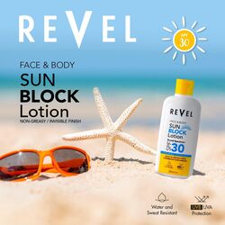 Revel Beaute Sun Block Lotion SPF 30, Helps Prevent Sun Induced Skin Damage, UVA/UVB Protection, Non Greasy, For Unisex - 200ml