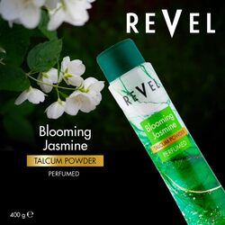 Revel Blooming Jasmine Perfumed Talcum Powder 400g Green, Signature Fragrance, Body Powder, Sweat Free, Soft, Scented All Day, For All Skin Type