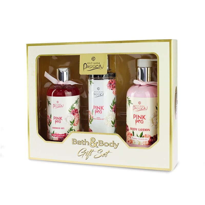 Estiara Passion Pink Pea Bath & Body 3 Piece Gift Set For Unisex - Pink Pea Body Lotion 350ML - Pink Pea Shower Gel 350ML - Pink Pea Natural French Fragrance Mist 250ML