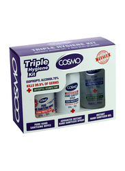 Cosmo Triple Hygiene Kit 25 Sanitizing Wipes + Sanitizer Spray 100ml + Sanitizer Gel 65ml, 3 Pieces