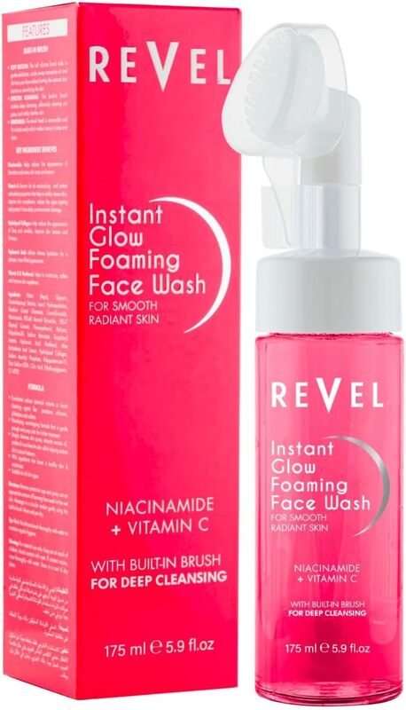 Revel Beauty Skin Care Instant Glow Foaming Face Wash 175ml, For Smooth Radiant Skin, Built In Brush, Deep Cleansing, Niacinamide + Vitamin C, Washes