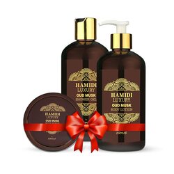 Hamidi Luxury Non-Alcoholic Oud Musk 3 Pieces Gift Set, 250ML Oud Musk Body Scrub + 500ML Oud Musk Body Lotion + 500ML Oud Musk Shower Gel