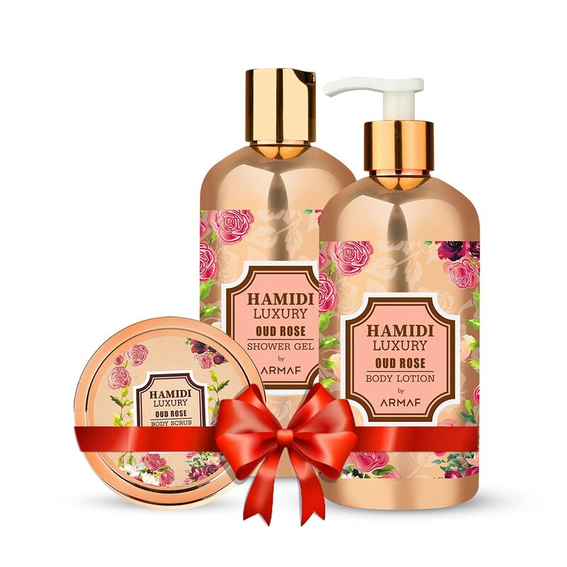 Hamidi Luxury Non-Alcoholic Oud Rose 3 Pieces Gift Set, 250ML Oud Rose Body Scrub + 500ML Oud Rose Body Lotion + 500ML Oud Rose Shower Gel