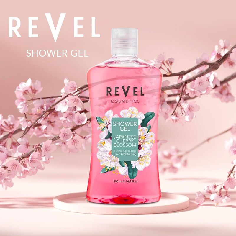 Revel Japanese Cherry Blossom Shower Gel 500ml Pink, Gentle Cleansing, Deep Moisturizing, Daily Use