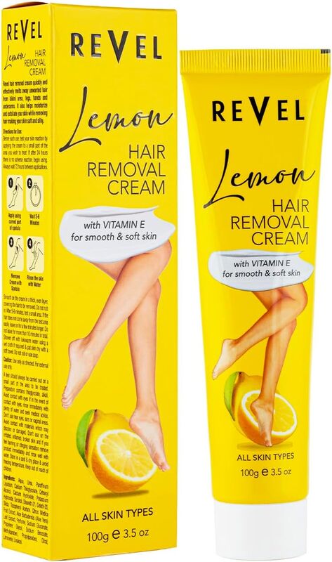 Revel Skin Care Lemon Hair Removal Cream For Men & Women 100g, Vitamin E for Smooth & Soft Skin, Painless Body Hair Removal Cream