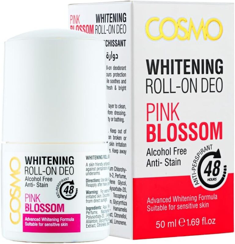 

Cosmo Antiperspirant Deodorant Roll-on for Men and Women, Pink Blossom, 50ml, Alcohol Free, Anti Stain, Anti Perspirant, 48 Hours, Advanced Whitening