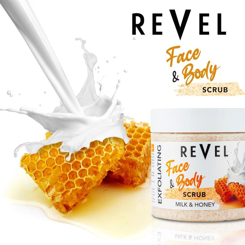 Revel Beauty Care Milk & Honey Face & Body Scrub For Men & Women 475ml, Fruits Scrubber, Exfoliating, Helps To Promote Visibly Smoother