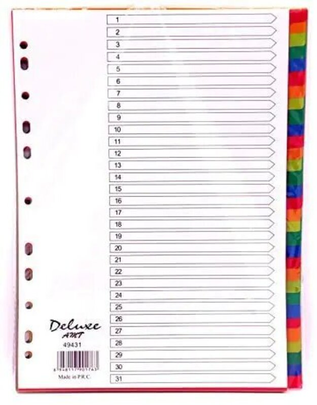 Deluxe 10-Piece Plastic Divider Set, 1-31 Colour, 49431, A4 Size, Multicolour