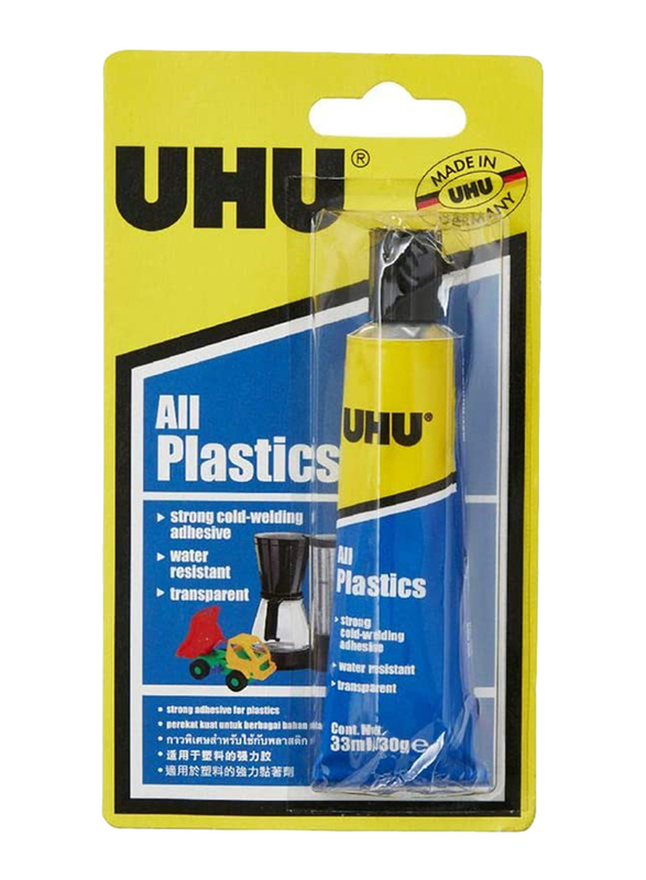 UHU All Plastics Adhesive Glue, 33ml, Yellow/Blue