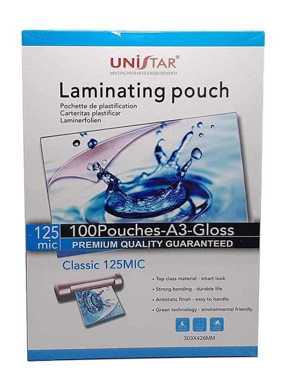 Unistar Laminating Pouch, A3 Size 125 Micron, Clear