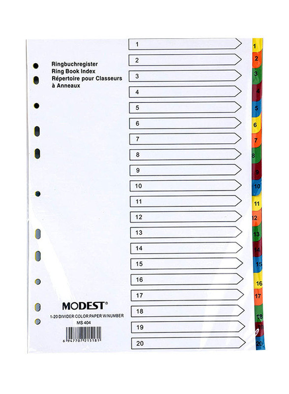 Modest Paper Divider A4 1-20 Color with Number, MS404, 10 Sets, Multicolour