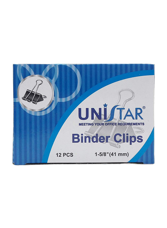 Unistar Binder Clips, 41mm, 12 Pieces, Black