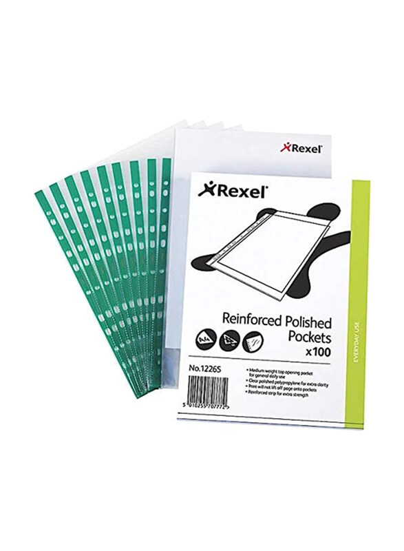 

Rexel CKP Pocket Reinforced Green Strip Top-opening A4, 100 Pieces, Glass Clear