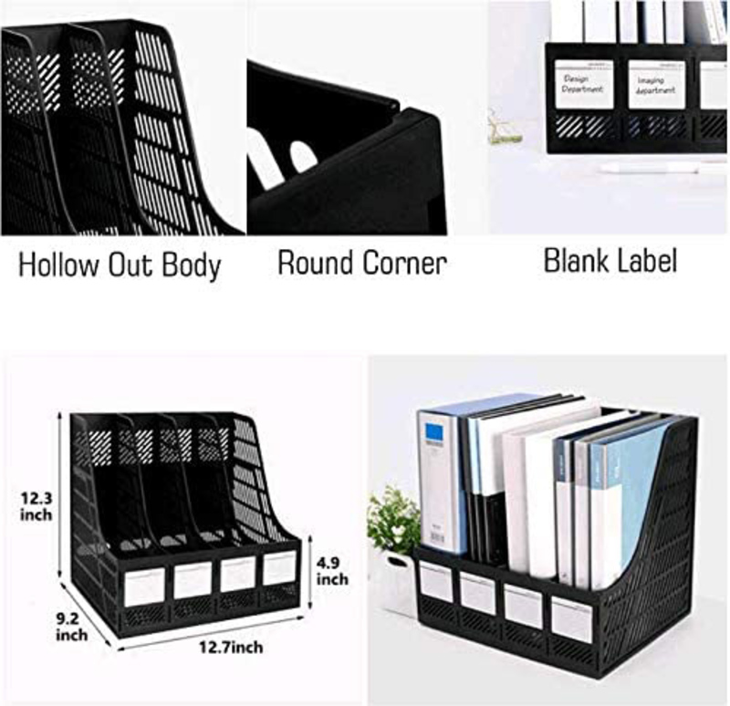 Deli Joyelife Plastic Desktop Shelf 4 Sections Magazine File Document Folder Book Frames Dividers Cabinet Shelve Display and Storage Organizer for Home or Office, Black