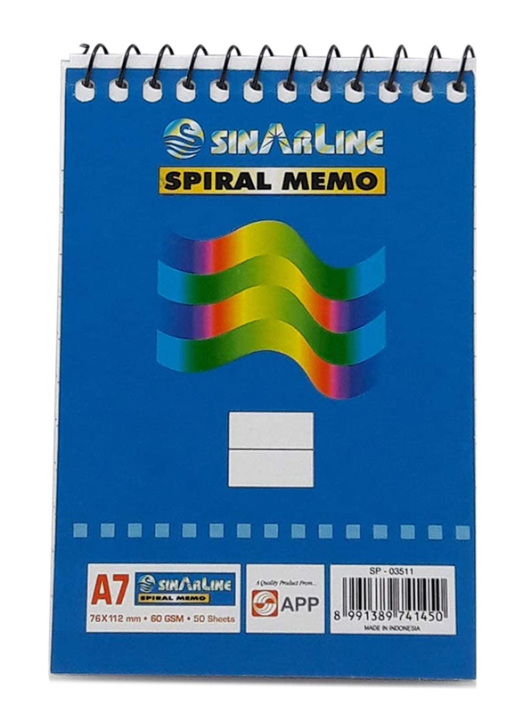 Sinarline SP03511 Spiral Memo, A7 Size, 50 Sheets, 50 Pieces, Blue