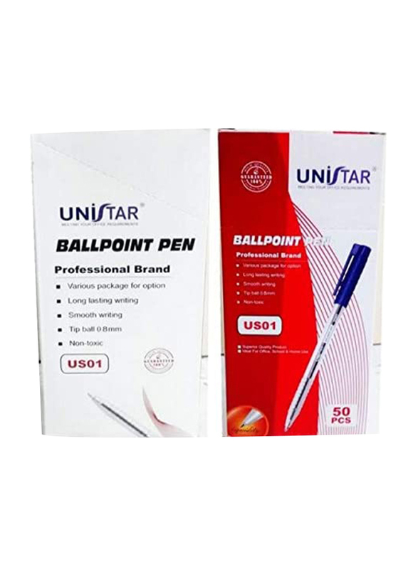 Unistar 50-Piece US01 Ballpoint Pen, 0.8mm, Red