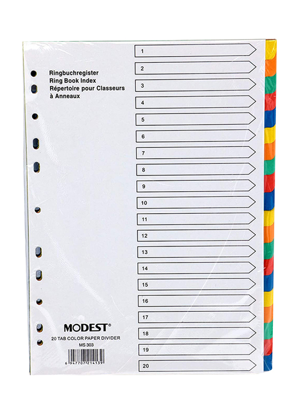 Modest Paper Divider, A4 1-20 Color, Ms303, 10 Sets, Multicolour