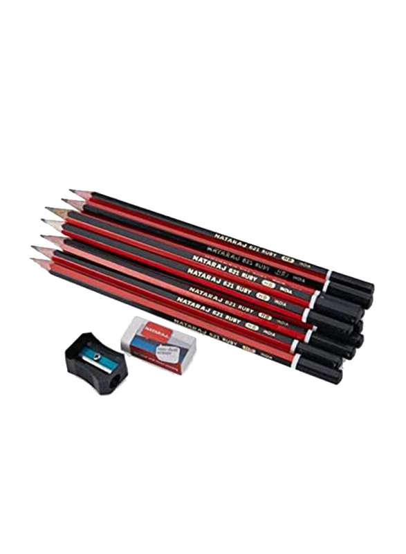 Nataraj 12-Piece 621 Ruby Long Lasting HB Pencils with Sharpener and Eraser, Black/Red