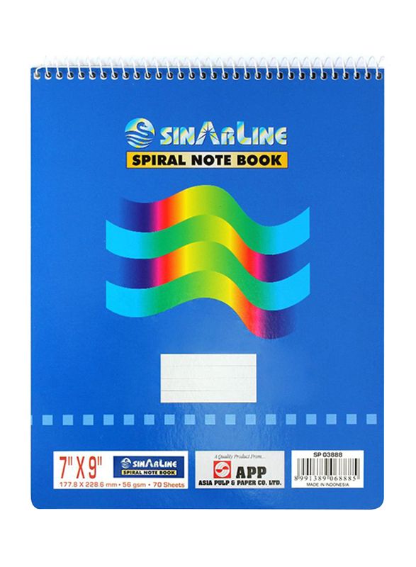 Sinarline Top Spiral Notepad, 17.8 x 22.9cm, 70 Sheets, Pack of 6, Blue