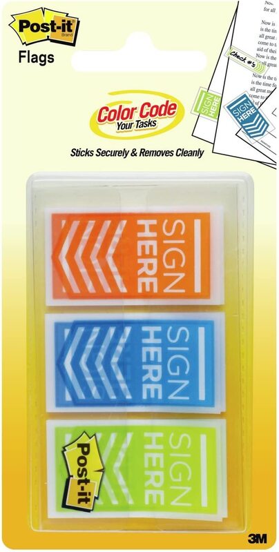 Post-it Message Flags Sign Here, 60 Flags, 682-SH-OBL, Wide Orange/Blue/Green