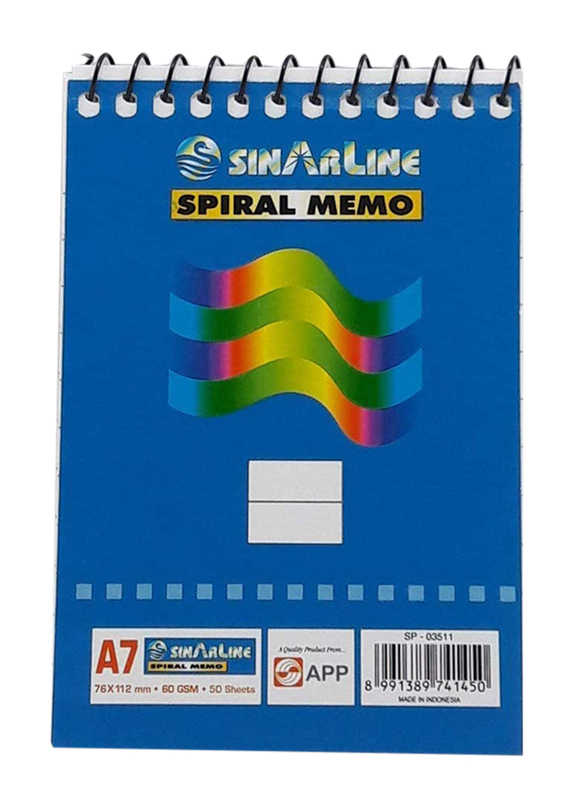 Sinarline SP 037013 Spiral Memo, 7.6 x 11.2cm, 50 Sheets, 12 Pieces, A7 Size, Blue