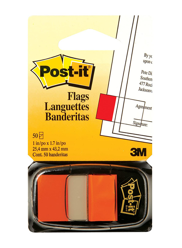 3M Post-It Tape Flags, 25.4 x 43.18mm, 50 Sheets, Orange