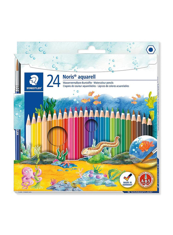 Staedtler 24-Piece Noris Club Aquarell Watercolour Pencils Plus Paint Brush, 144 10NC24, Multicolour
