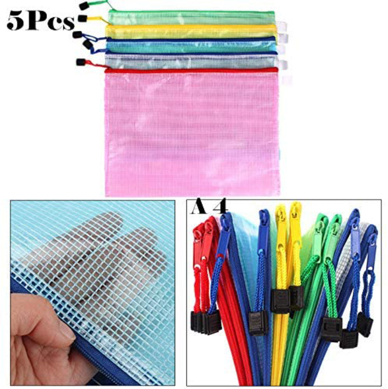Stobok Durable Mesh Plastic Zipper File Folder Storage Bag Organizer Pouch for School, 5 Pieces, Multicolour