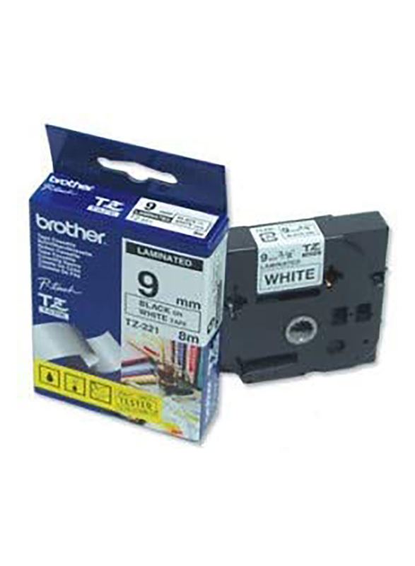 Brother TZ-221 P-touch Label Tape, 9mm, Black on White, Black