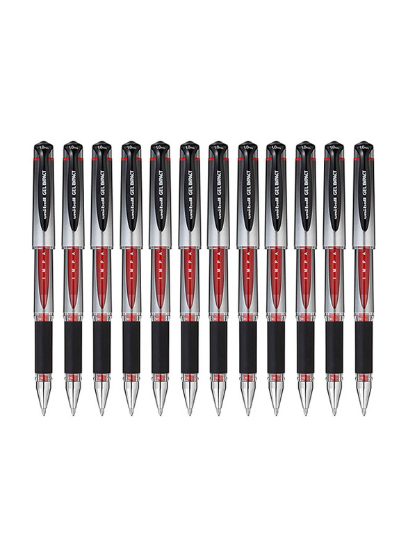 Uniball 12-Piece Signo Impact Gel Pen Set with Rubber Grip, 1.0mm, Red