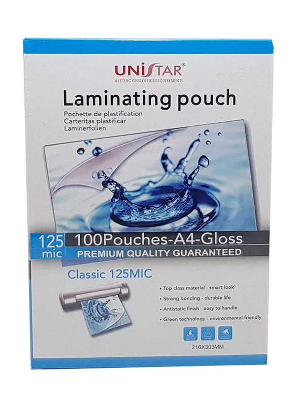 Unistar Laminating Pouch, A4 Size, 125 Mic, 100 Pieces, Clear