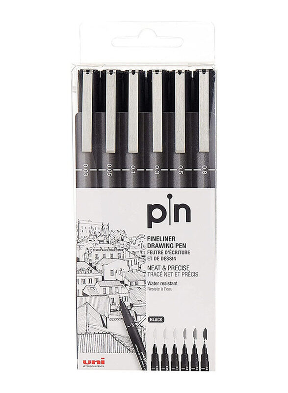 

Uni Pin 6-Piece Fine Liner Drawing Pen Sketching Set, 0.03/0.8mm, Black