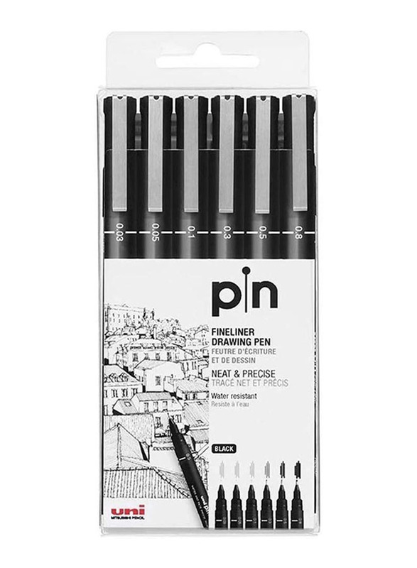 Uniball 6-Piece Pin Fine Line Marker Set, 0.05/0.03/0.1/0.3/0.5/0.8mm, Black
