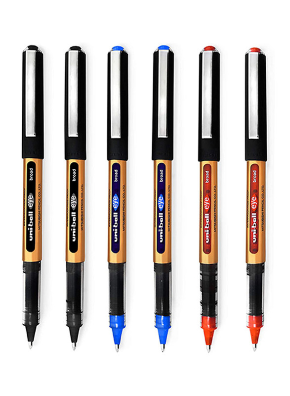 Uniball 6-Piece Eye Broad Liquid Ink Rollerball Pens Set, Black/Blue/Red