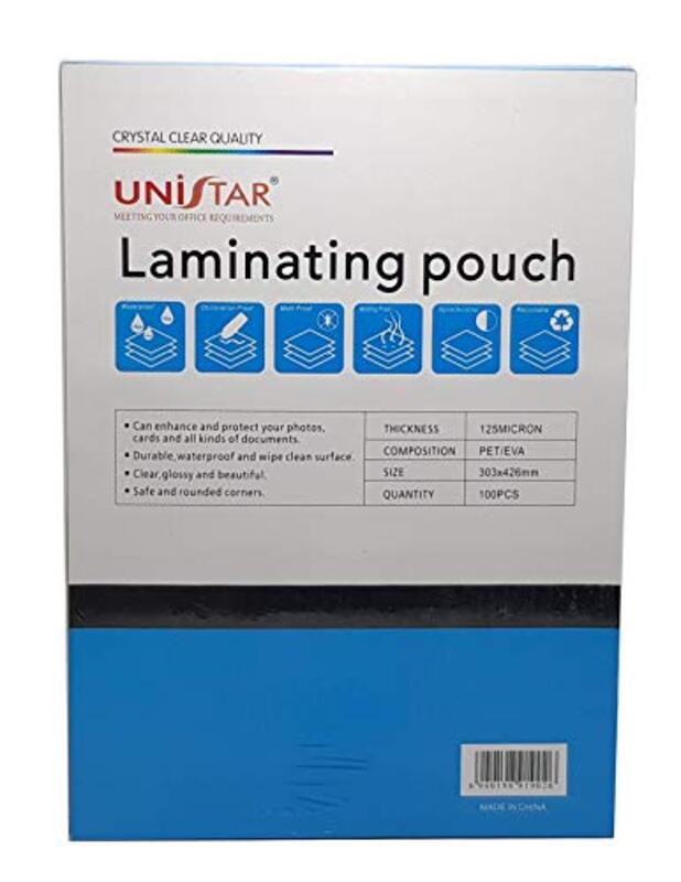Unistar Laminating Pouch, A3 Size, 125 Micron, 100 Sheets, Clear