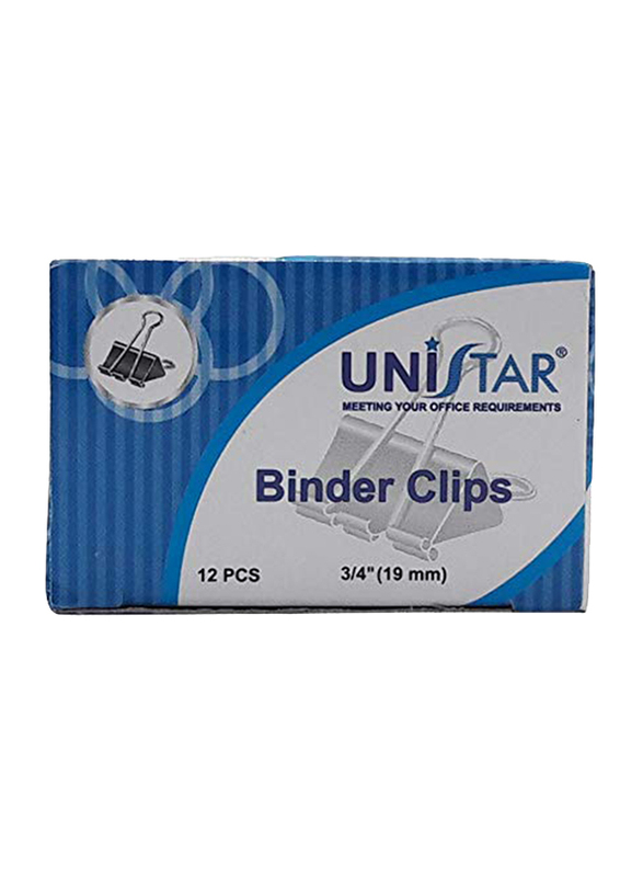 Unistar Binder Clips, 19mm, 12 Pieces, Black