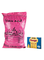 Premium Hardwood Barbecue Charcoal 5 Kg + Flamgo Fire Lighters 24 Cubes, Black