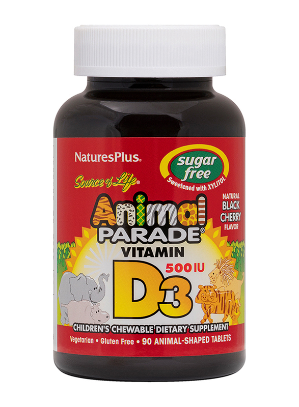 

Natures Plus Animal Parade Sugar Free Vitamin D3 500 IU Children's Chewable Dietary Supplement, Black Cherry Flavor, 90 Tablets