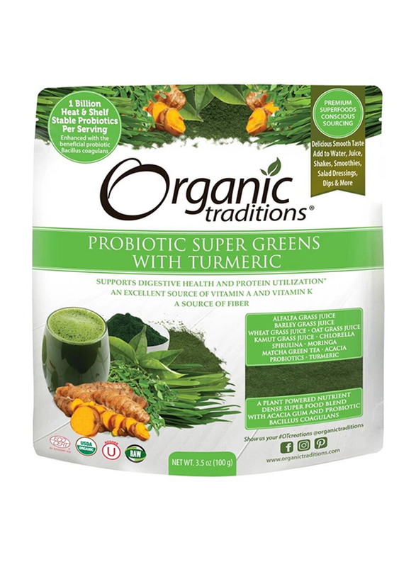 Organic Traditions Probiotic Super Greens with Turmeric Powder, 100gm