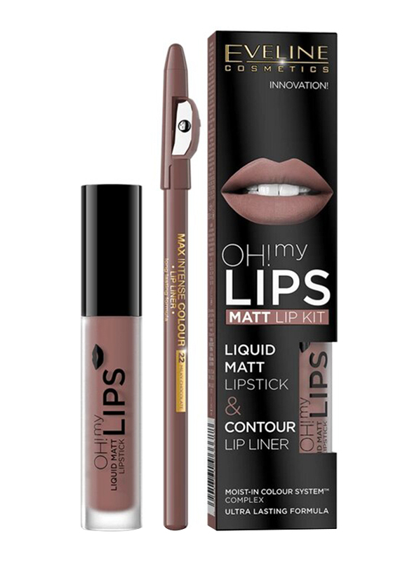 Eveline oh! My lips Matt Liquid Lipstick & Contour Lip Liner Kit, 966688, No. 02 Milky Chocolate, Brown