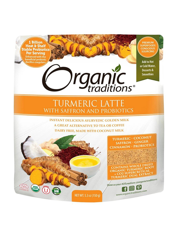 Organic Traditions Turmeric Latte with Saffron & Probiotics Powder, 150gm